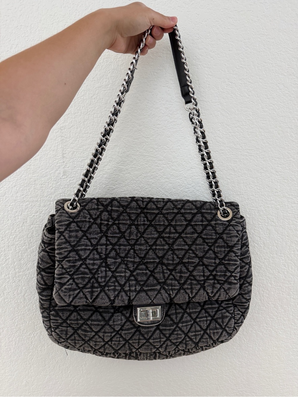 Quilted Gray Chain-Handle Shoulder Bag